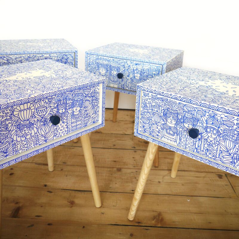 blue and white bedside tables